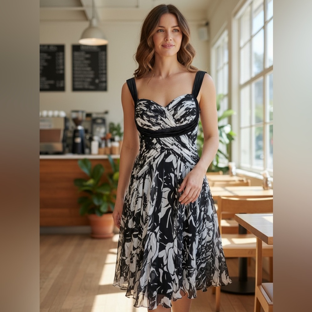 Tadashi Shoji NEW Collection 100% Silk Midi Black and White Dress Size 10 - Picture 2 of 14